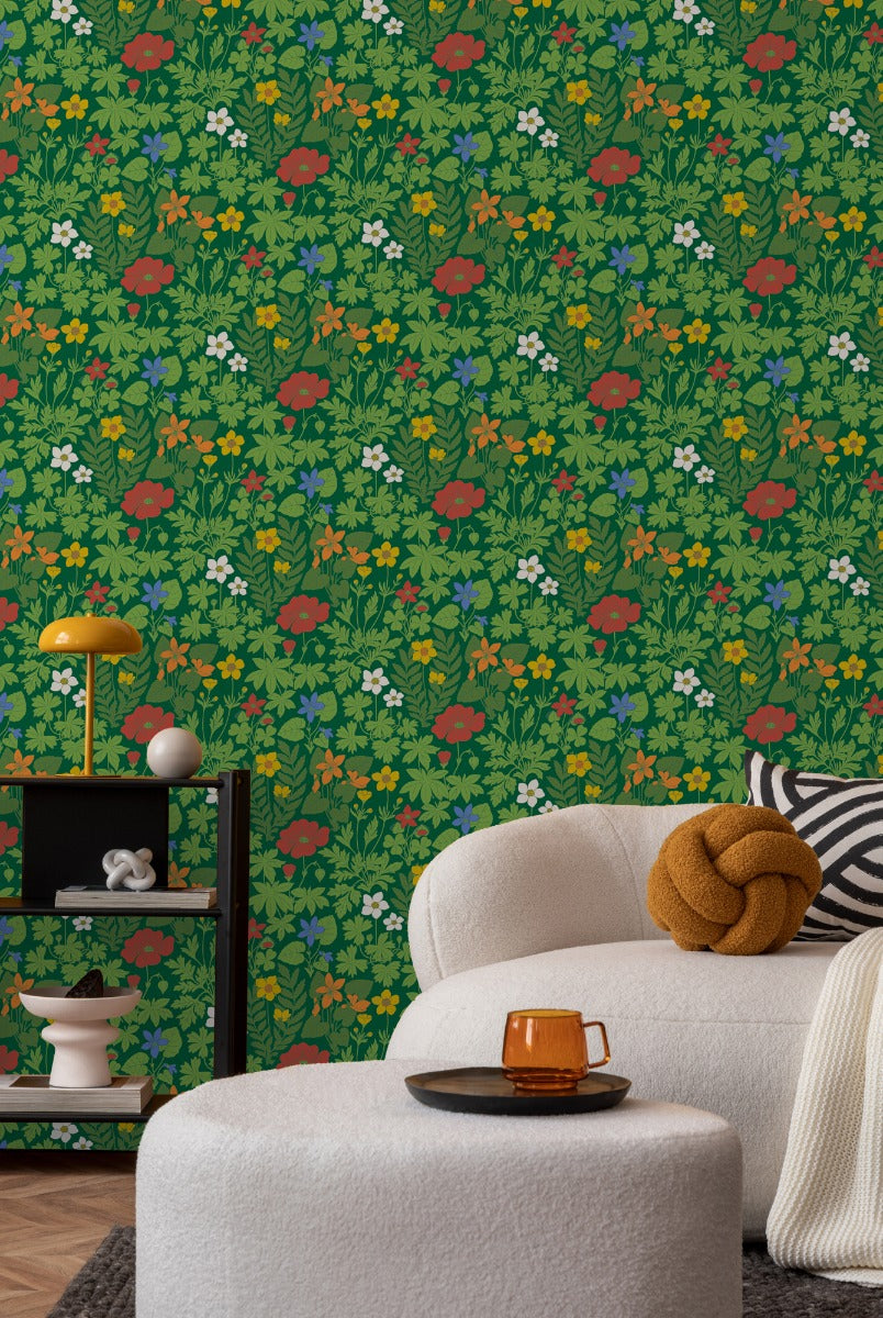 Retro Flowers - Custom Sized Wallpaper Mural (per m2) - Green