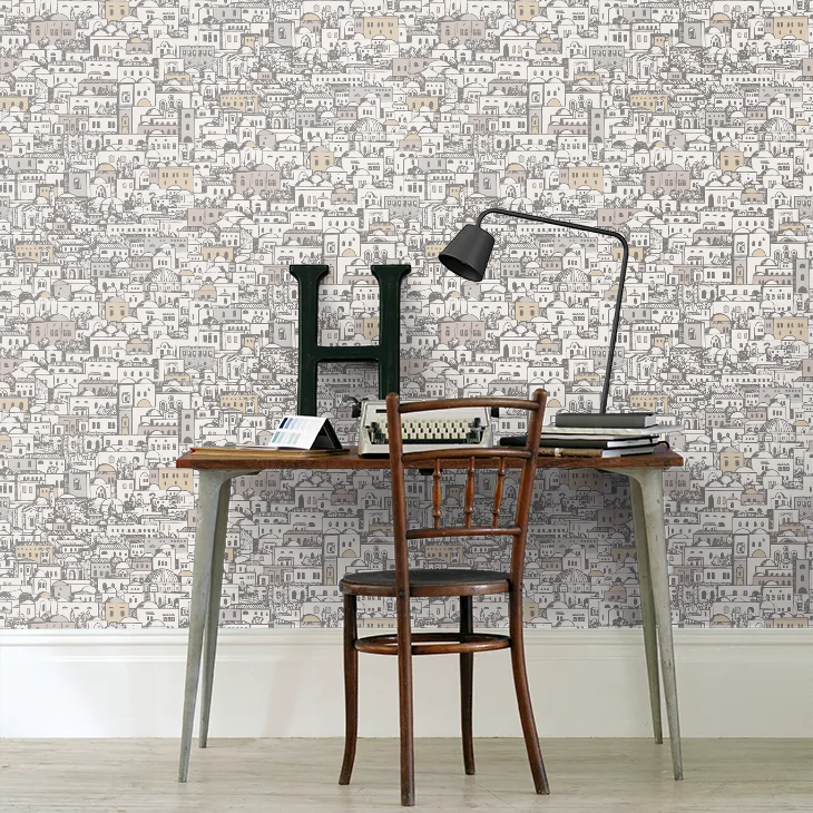 Mediterranea - Cityscape Wallpaper - Parchment & Gilver