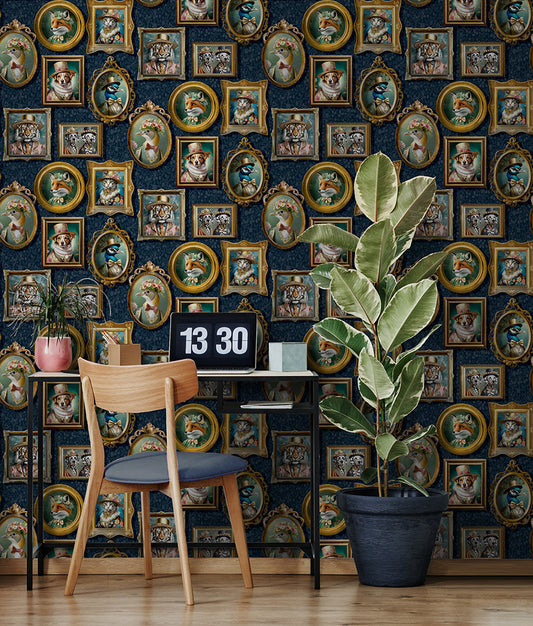 Regal Beasts - Whimsical Animal Wallpaper - Navy