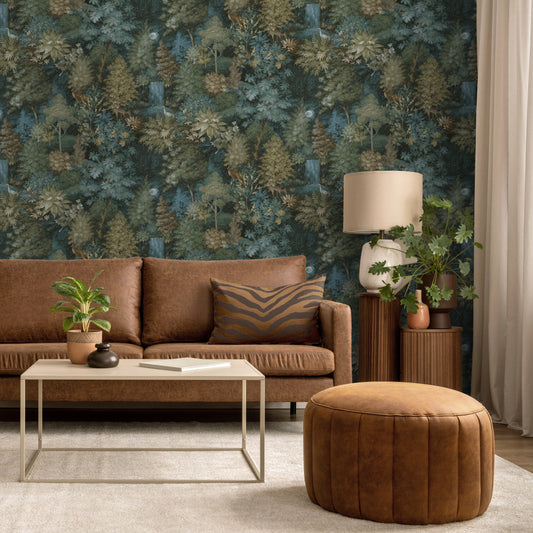 Midnight Woods Wallpaper – Teal/Yellow