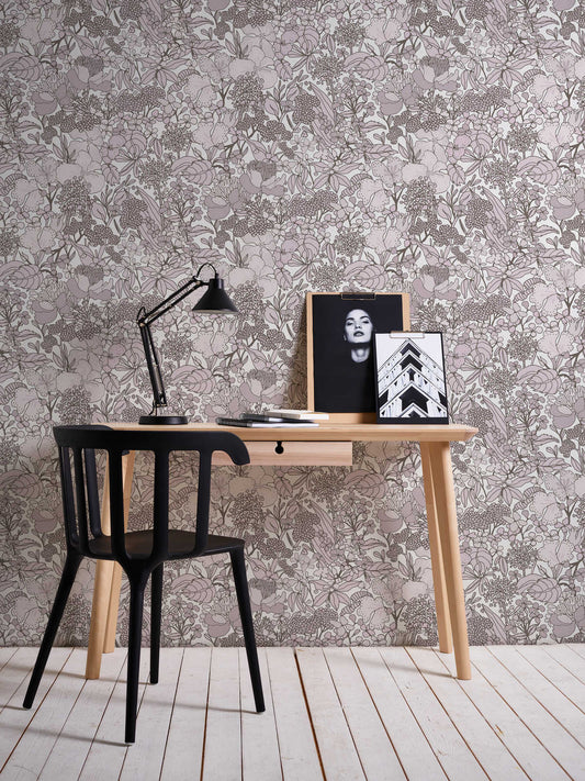 Floral Impression Wallpaper - Grey & White