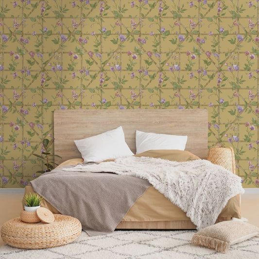 Trailing Floral Trellis Wallpaper - Ochre