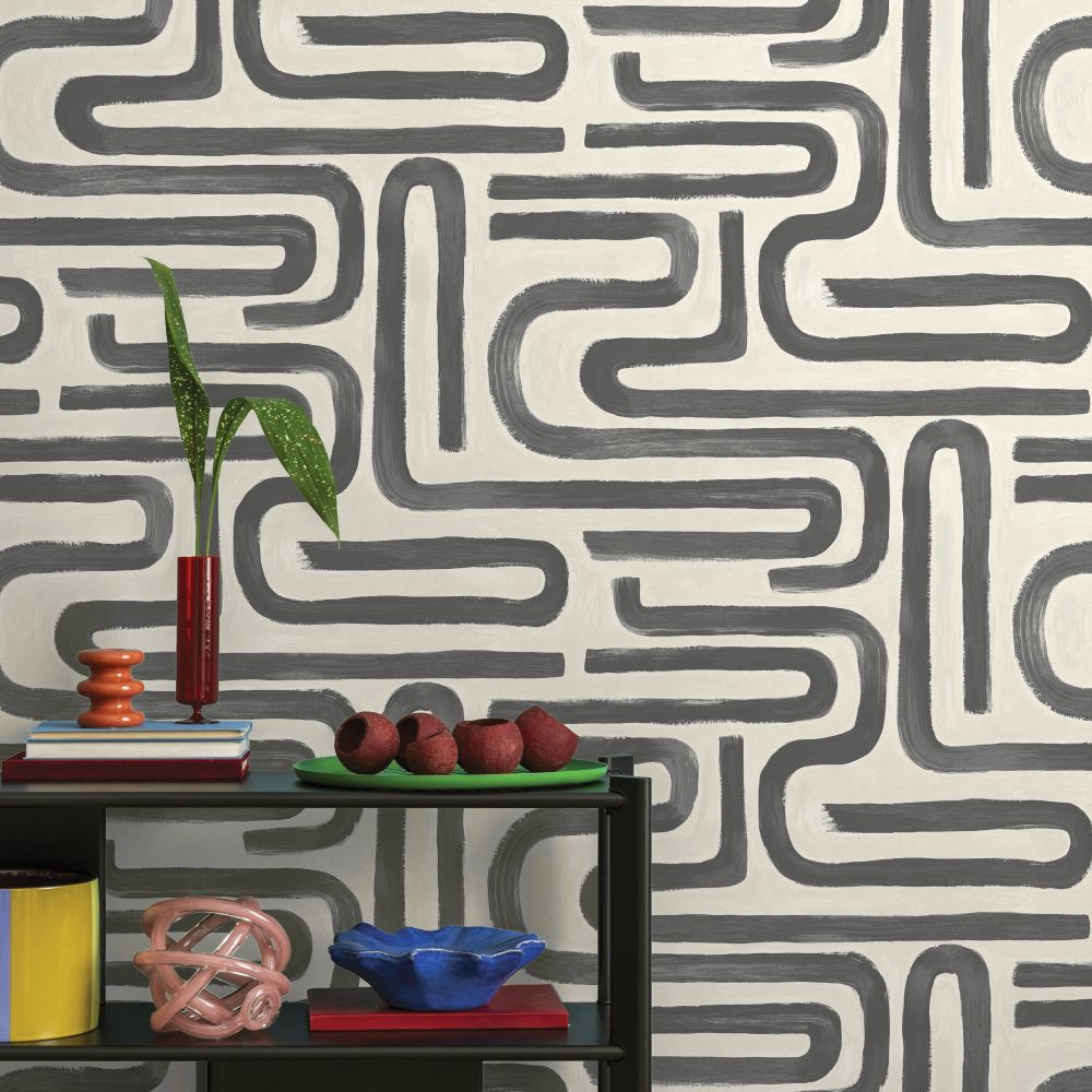 Brushed Geo Wallpaper - Charcoal Cream