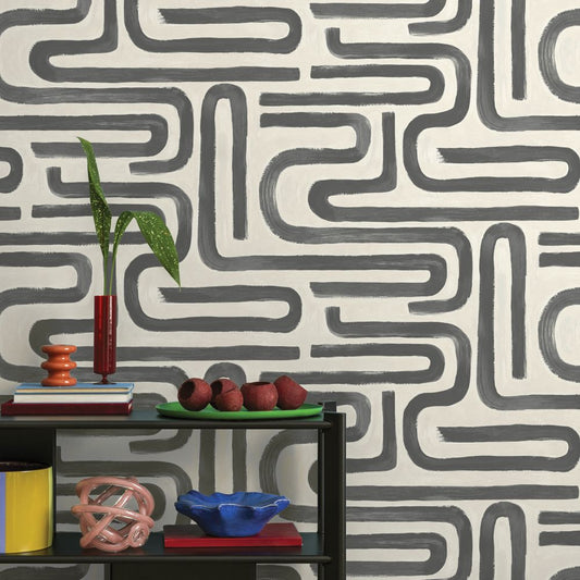 Brushed Geo Wallpaper - Charcoal Cream