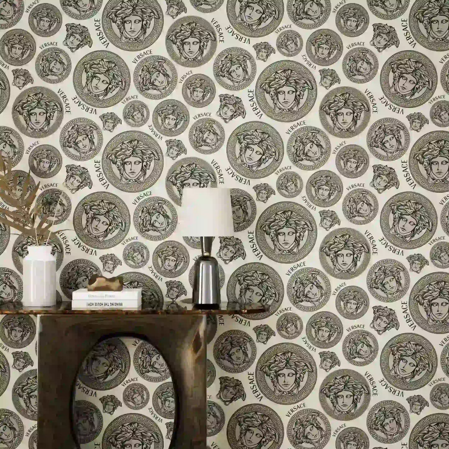 Medusa Plates Metallic Wallpaper (Versace 3 Collection) - Stone