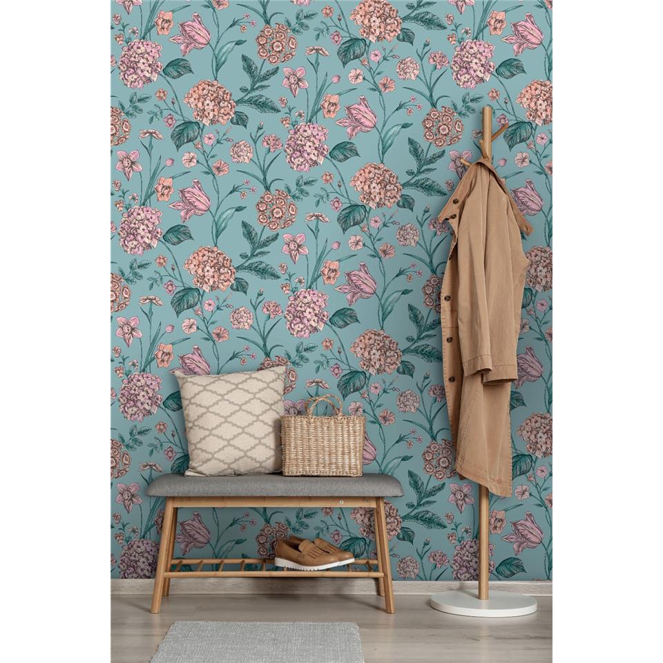 Amelie Hydrangea Wallpaper - Teal