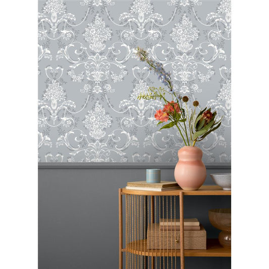 Amelie Damask Wallpaper - Dusky Blue