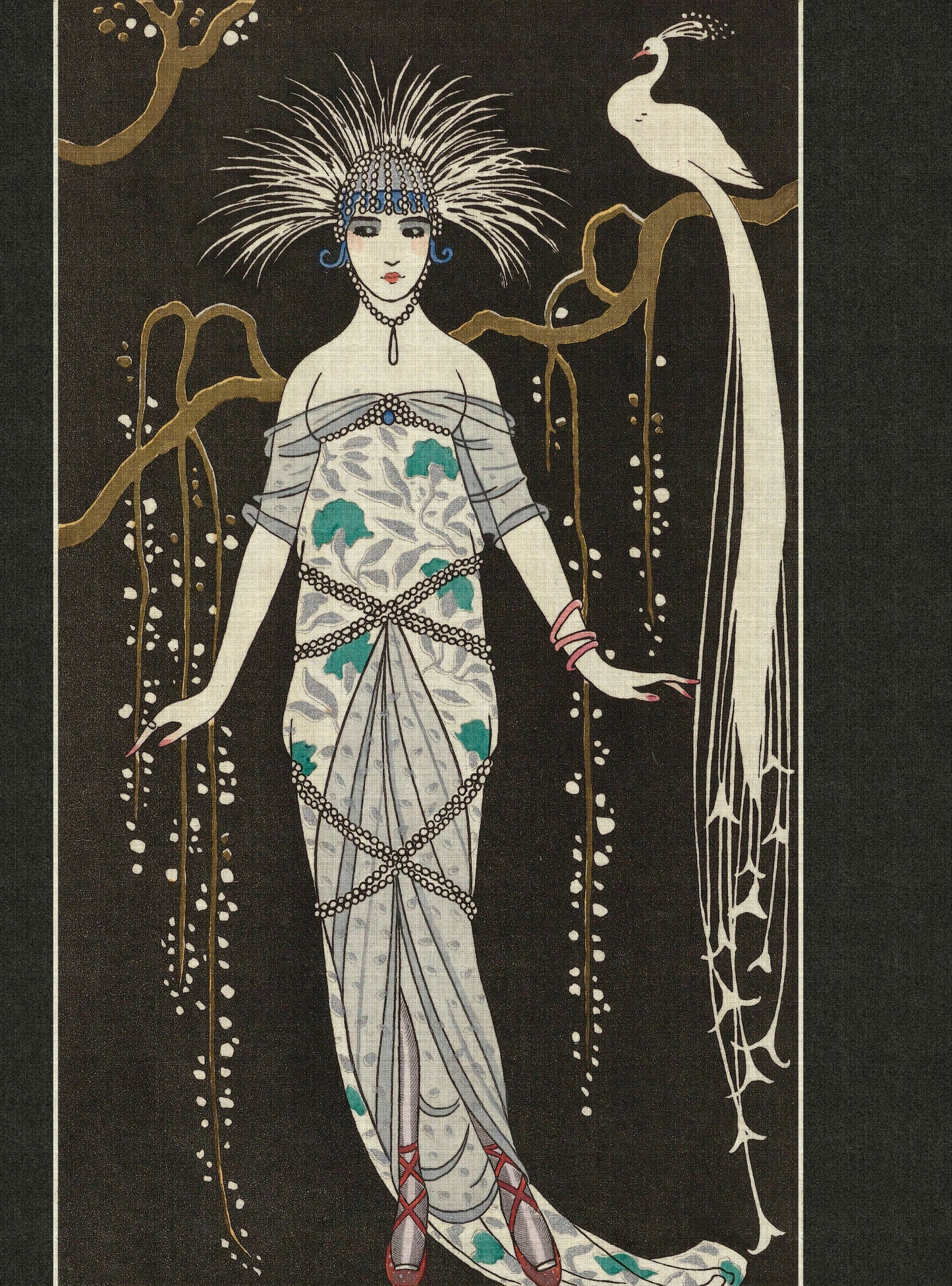 Adlon 2 - Vintage Lady With Peacock - Black - Custom Sized Wallpaper Mural (per m2)