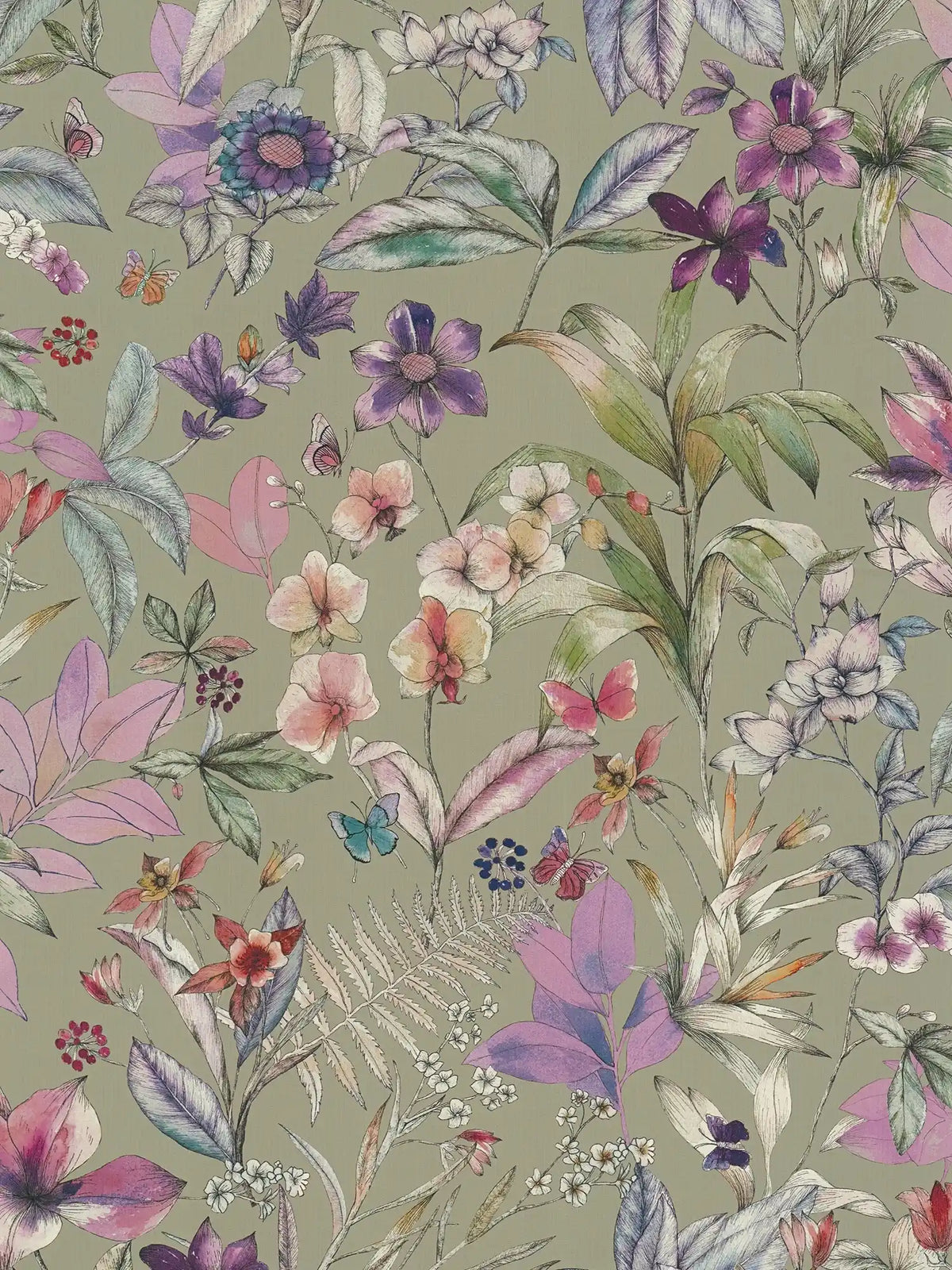 Papillon Floral Butterfly wallpaper in sage – sample