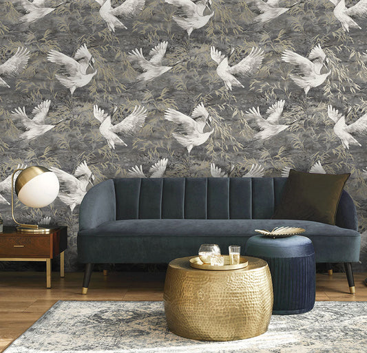 Sarus - Cranes Asian Watercolour Wallpaper - Charcoal - Discontinuing