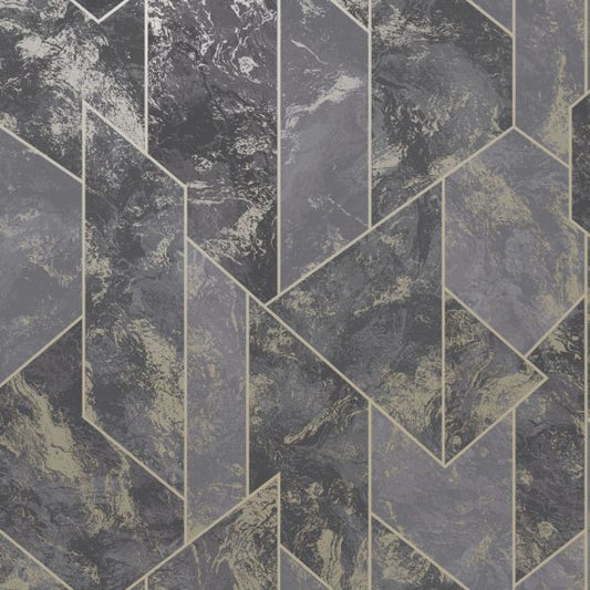Zarci - Geometric Marble Wallpaper - Charcoal/Gold - Last 26 Rolls