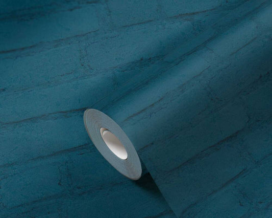 Vintage House Brick Wallpaper - Teal Blue