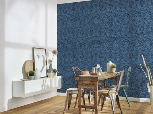 Textured Damask Wallpaper - Blue - Discontinuing