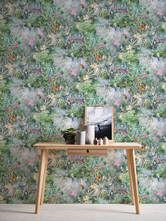 Botanical Elegance – Tropical Parrot Wallpaper – Powder Blue