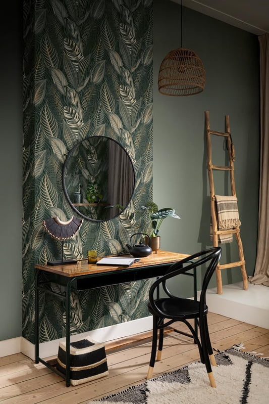 Exotic Leaves Wallpaper - Dark Green and Gold