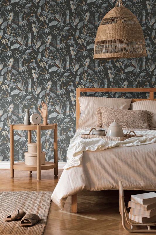 Jungle Birds Vinyl Wallpaper - Black/Grey