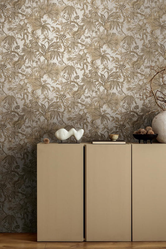 Sepia Memories - Jungle Wallpaper - Beige Metallic