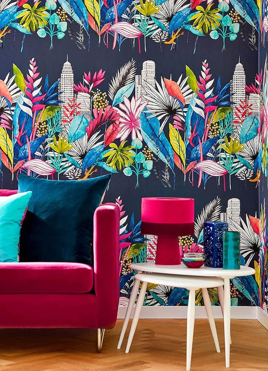 Urban Tropic Wallpaper - Indigo Midnight