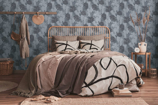 Metallic Monstera Fronds Wallpaper - House of Turnowsky - Blue