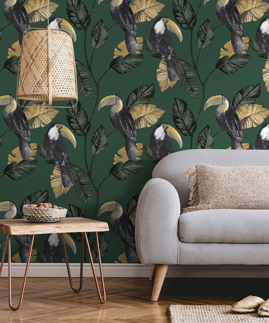 Toucan Tiki Wallpaper - Green - Last 23 Rolls