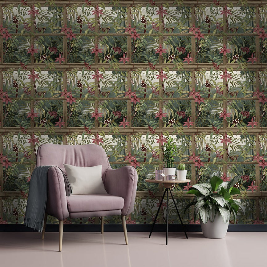 Sample - Comoro - Window Trailing Floral Wallpaper - Light Wood