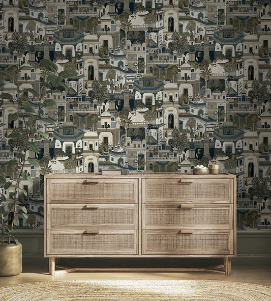 Civita - Moroccan City Wallpaper - Navy - Discontinuing
