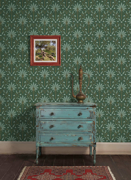 Ariara wallpaper in Green hung on a feature wall