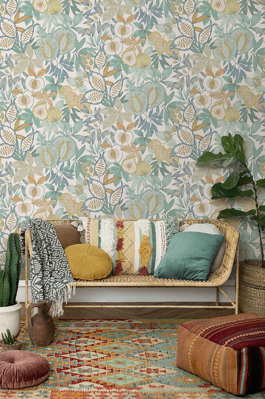 Nagano - Pomegranate and Fig Wallpaper - Blue