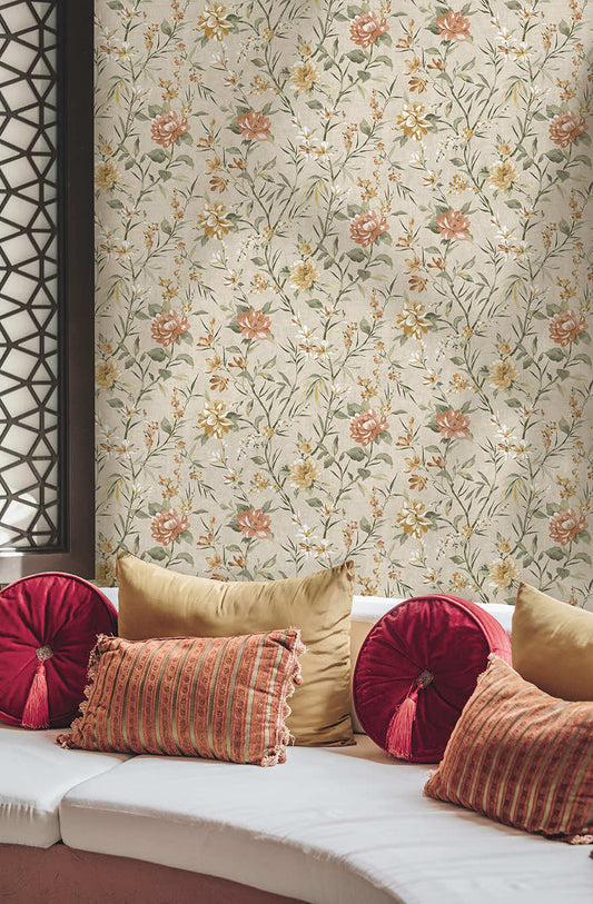 Sazanka - Japanese Floral Wallpaper - Neutral/Orange