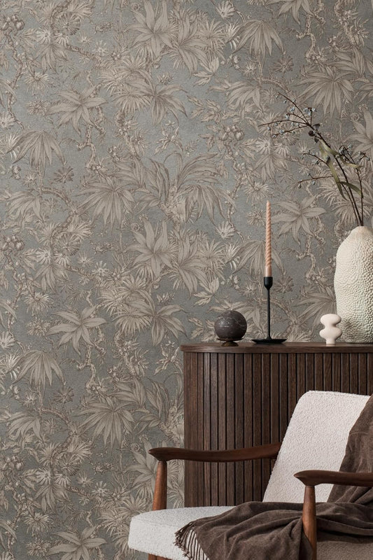 Sepia Memories - Jungle Wallpaper - Grey Metallic