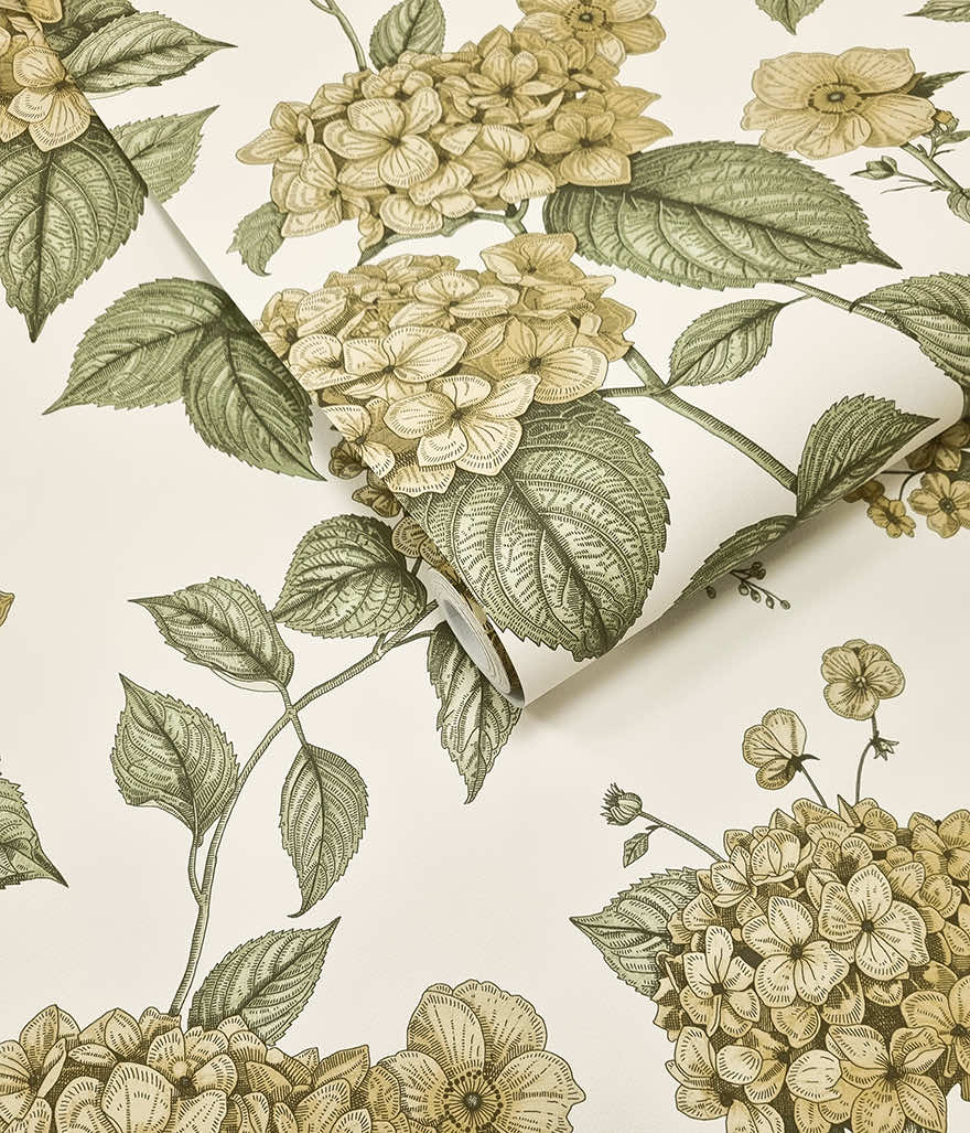 Sample – Hortensia Hydrangea Wallpaper – Ochre/Green