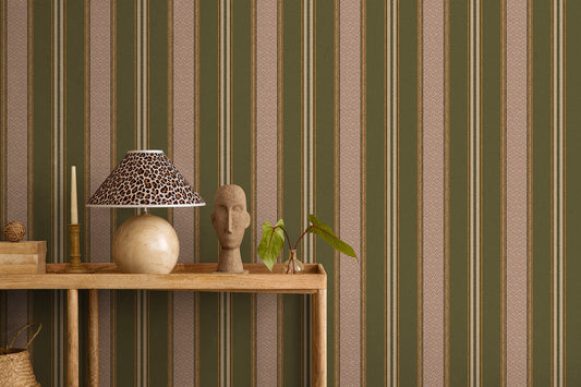 Patola wallpaper in Khaki on a feature wall, fabric-textured stripe detail
