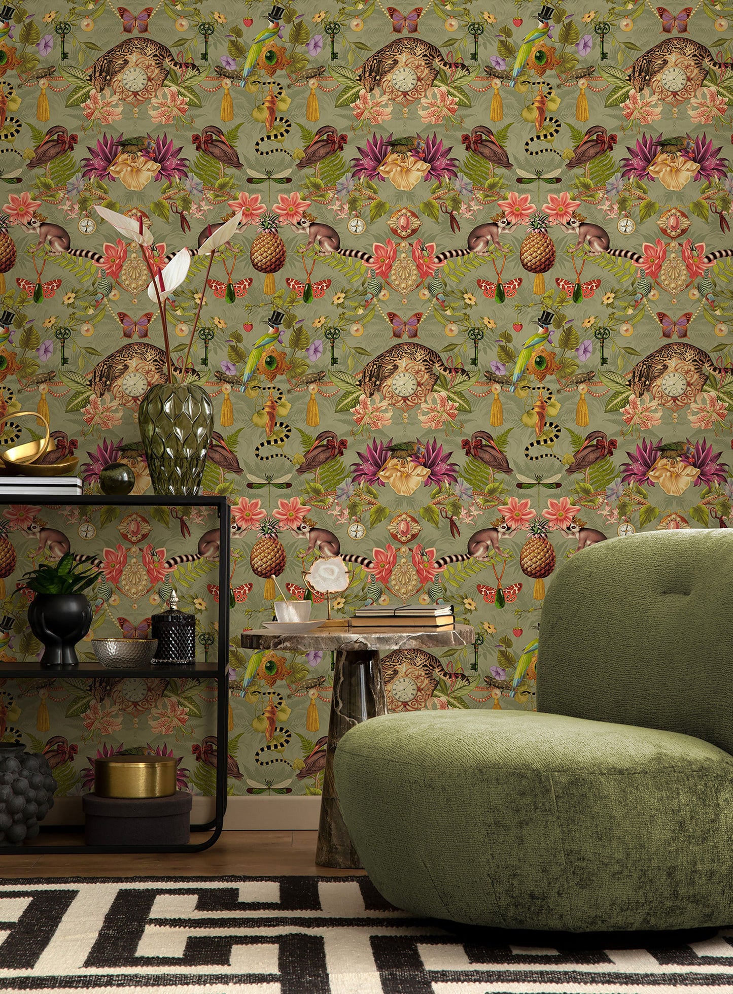 Bohème wallpaper in Sage, second room setting showing the mirrored curiosity-cabinet pattern