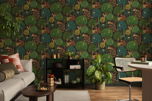 Bengal wallpaper in Charcoal on a feature wall, jewelled animal motifs among leaves