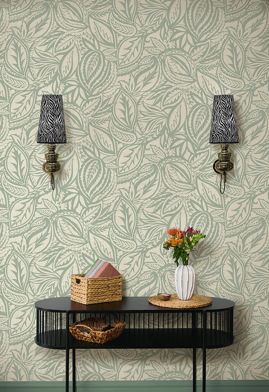 Musa wallpaper in Light Teal on a feature wall, flowing abstract leaf motif