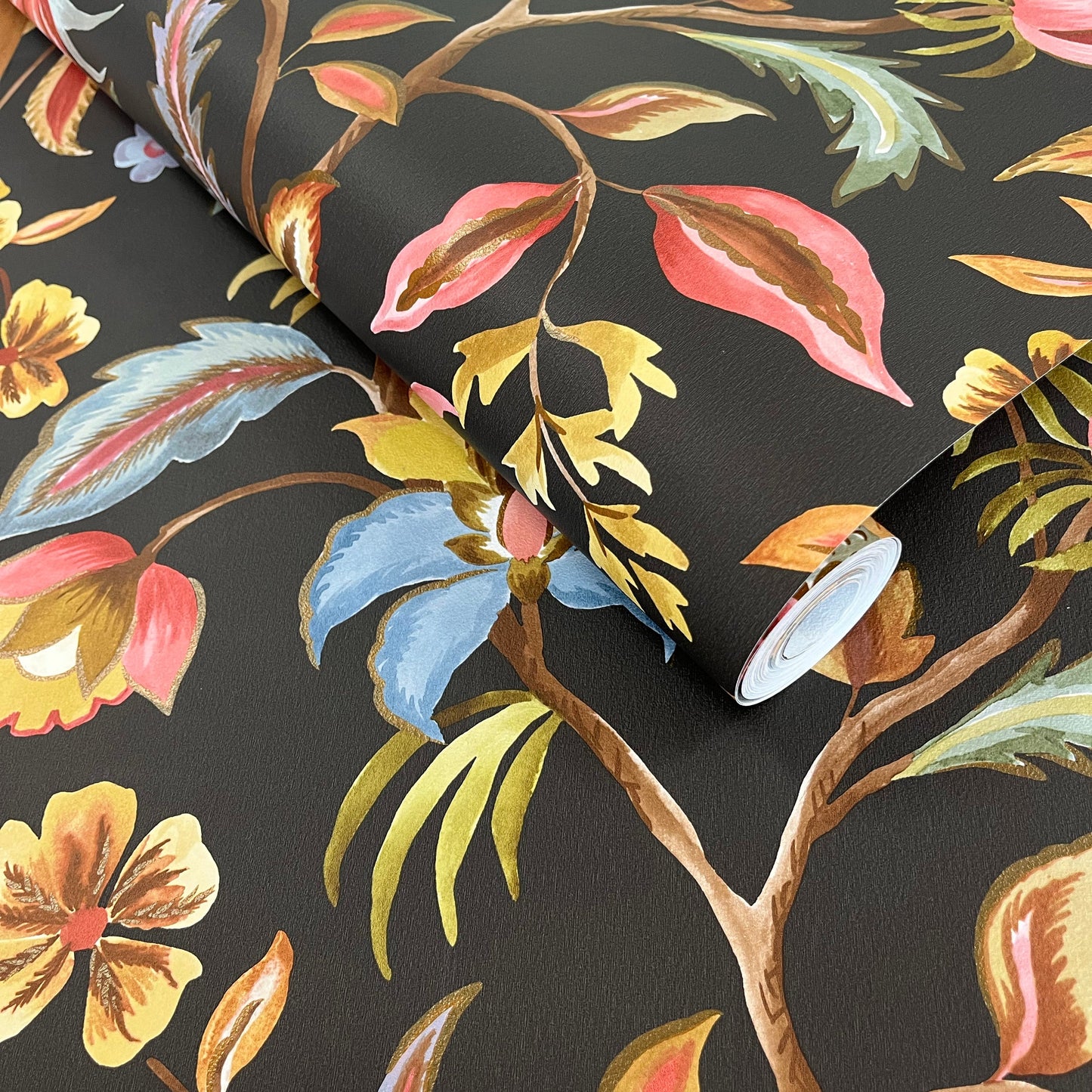 Amaranth Charcoal wallpaper roll showing the Jacobean-style repeat