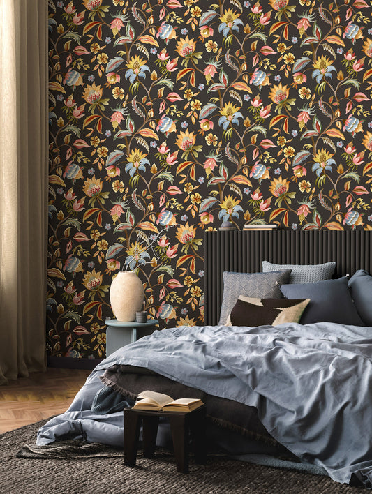 Amaranth wallpaper in Charcoal on a feature wall, flowing botanical branches and blooms