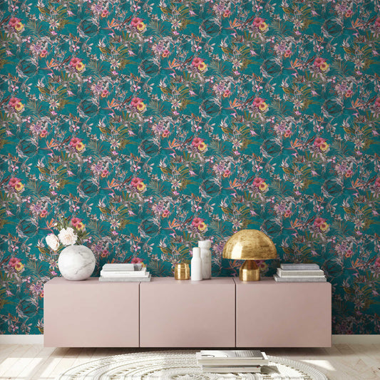 Hibiscus Haven – Crane & Bloom Wallpaper – Evergreen
