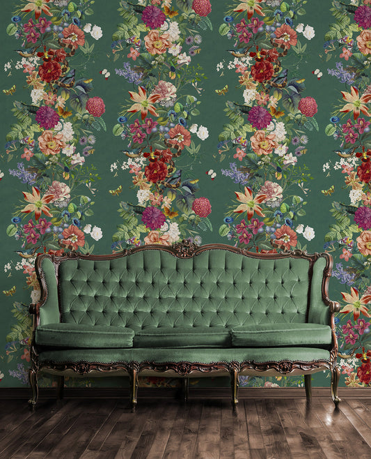 Blume wallpaper in Teal on a feature wall, flowing stems with roses and a bird