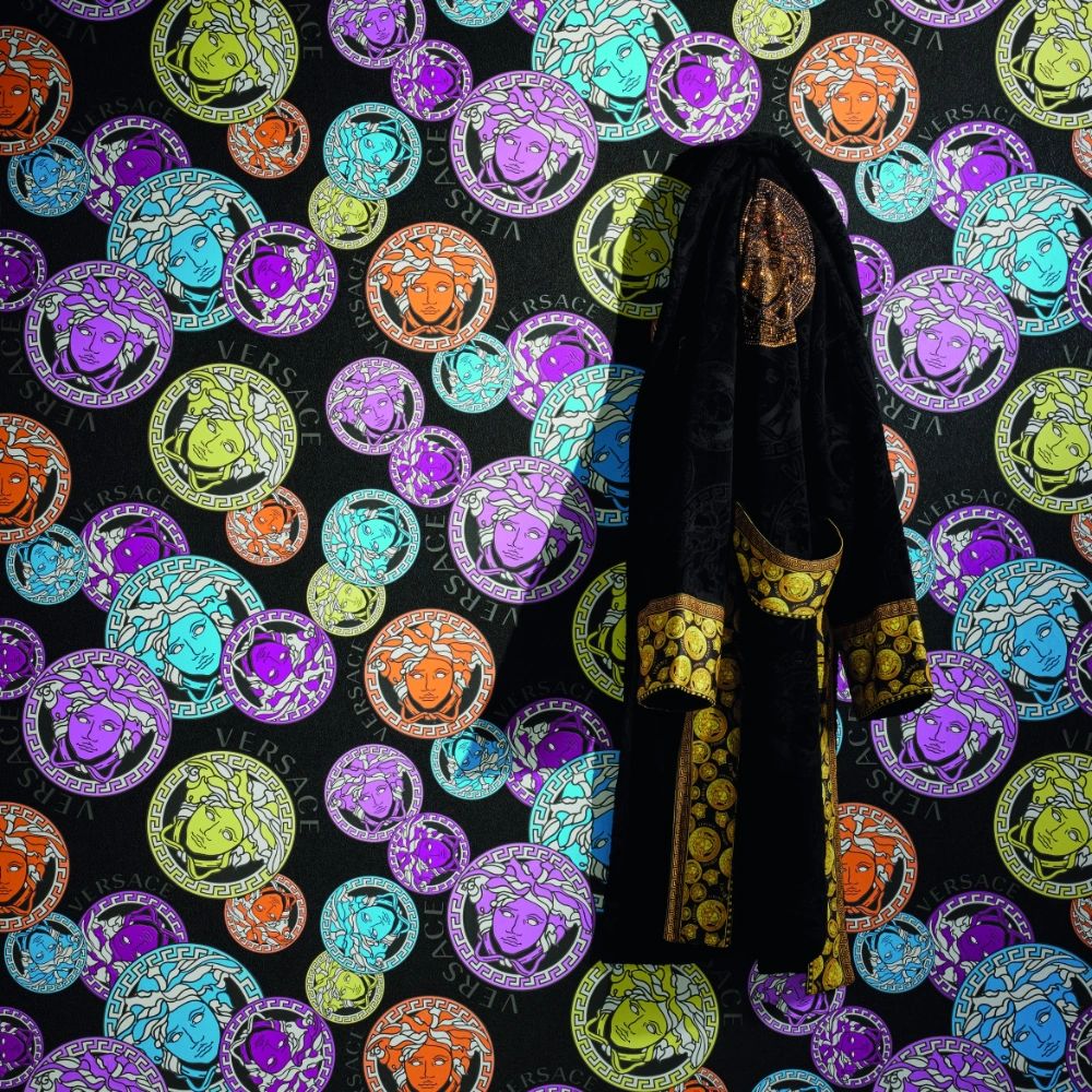 Medusa Plates Metallic Wallpaper (Versace 3 Collection) - Multicolour Black