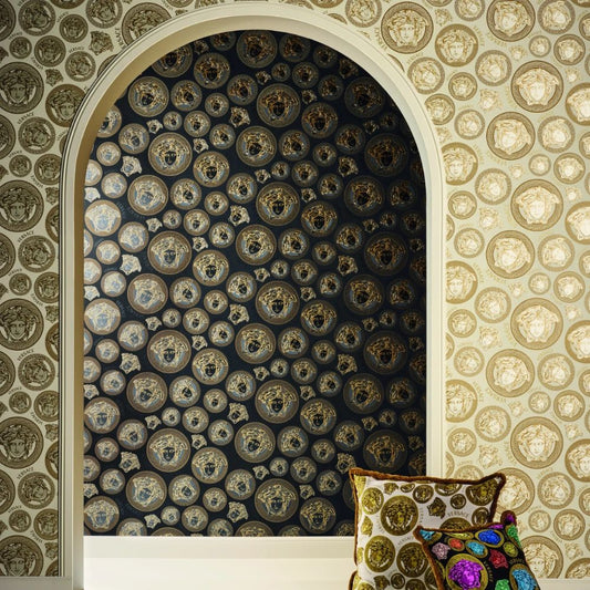 Medusa Plates Metallic Wallpaper (Versace 3 Collection) - Cream & Gold