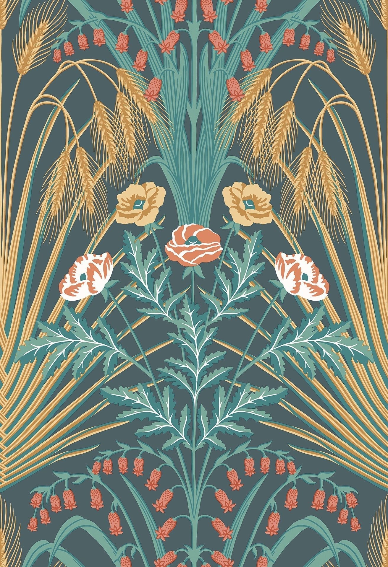 Sample - Bluebell Wallpaper - Teal/Gold/Coral