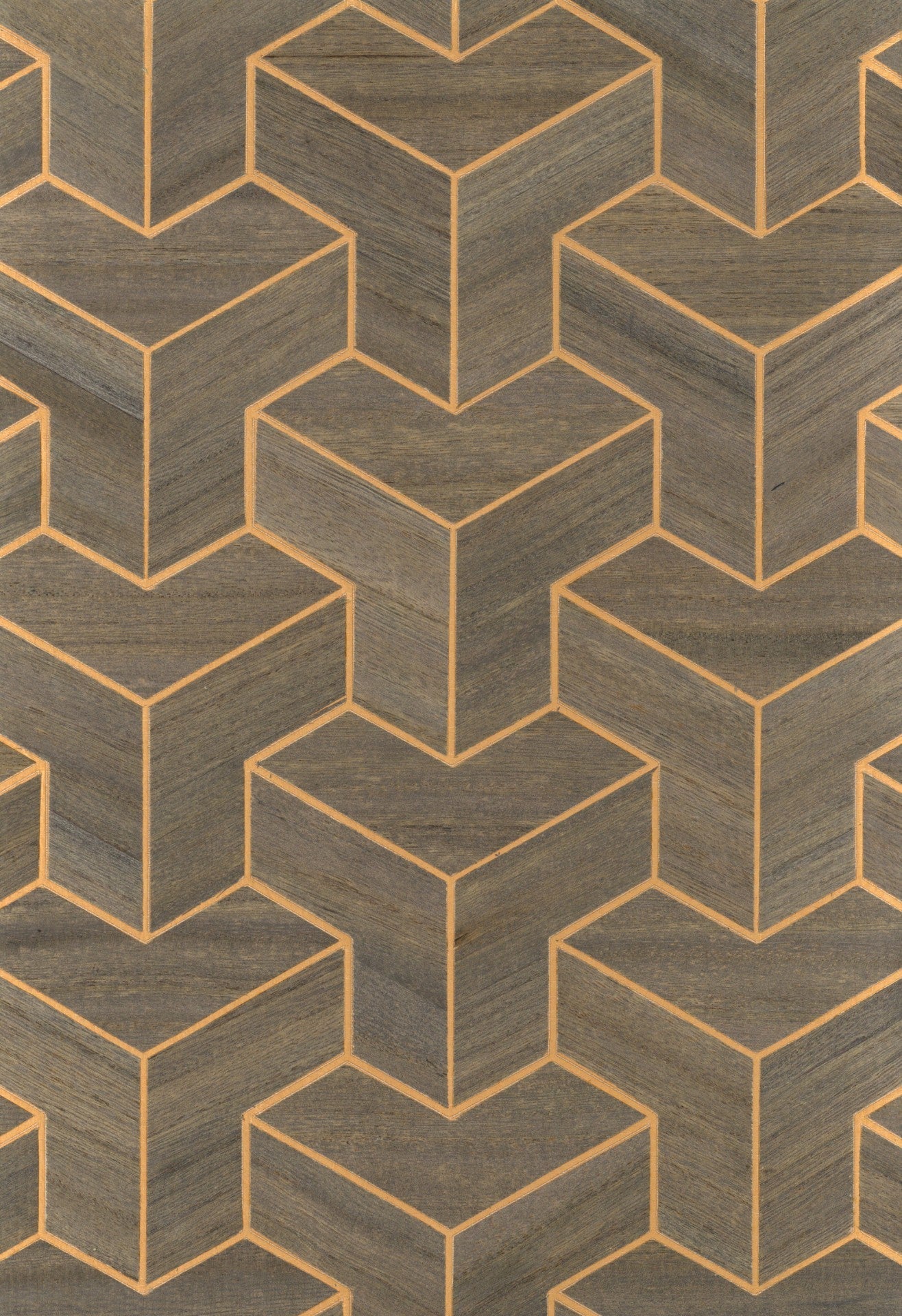 Sample - Wood Veneer Geometric Wallpaper - Brown + Gold