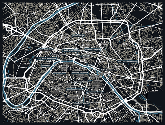 Paris City Art Map - Monuments - Custom Sized Wallpaper Mural (per m2)