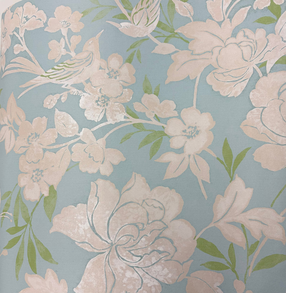 Sample – Blooms and Birds Wallpaper – Dusky Blue with Beige Shimmer
