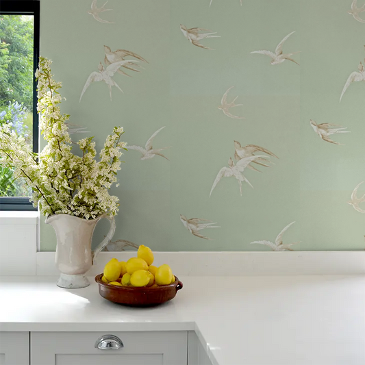 Swallows Wallpaper - Grey Green