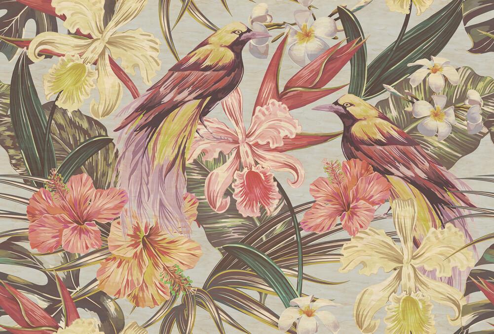 Vintage Exotic Bird - Custom Sized Wallpaper Mural (per m2) - Blue