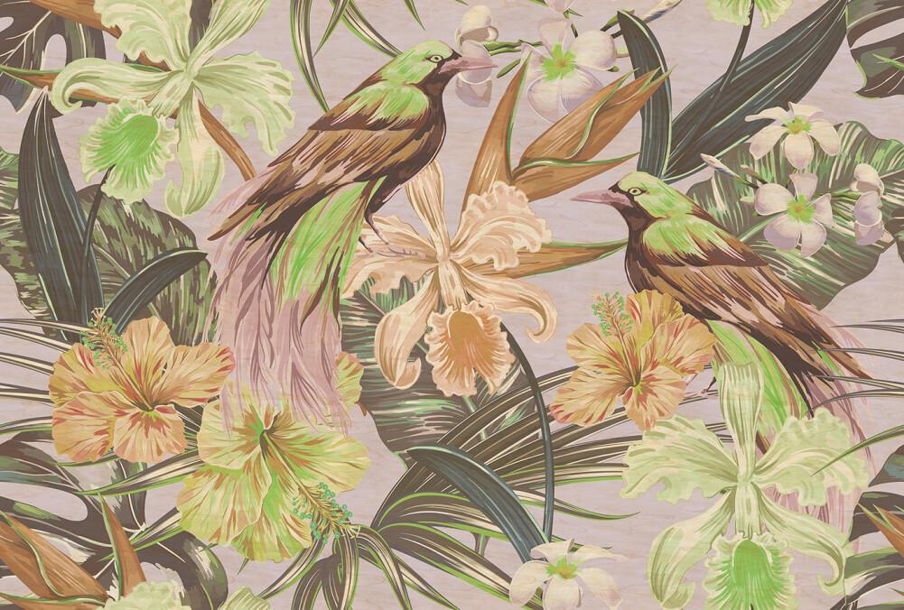 Vintage Exotic Bird - Custom Sized Wallpaper Mural (per m2) - Lilac/Green
