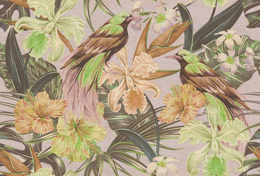 Vintage Exotic Bird - Custom Sized Wallpaper Mural (per m2) - Lilac/Green