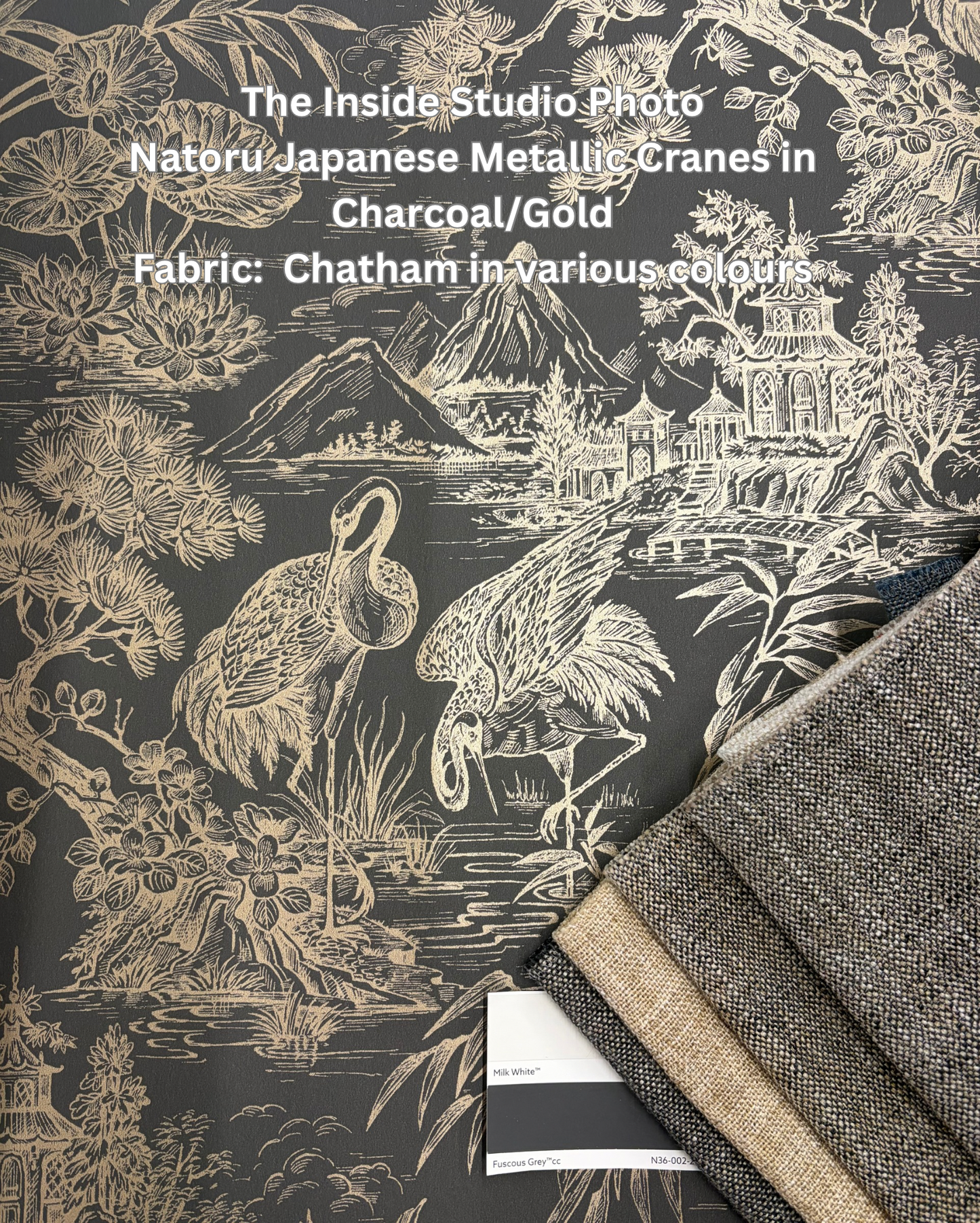 Natoru Japanese Metallic Cranes Wallpaper – Charcoal/Gold